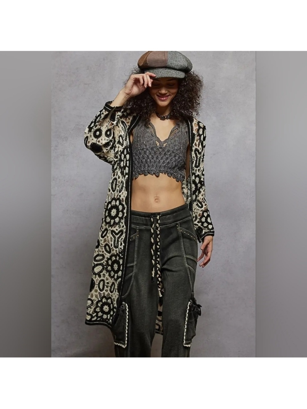 POL Long Floral Knit Cardigan - Black & Cream